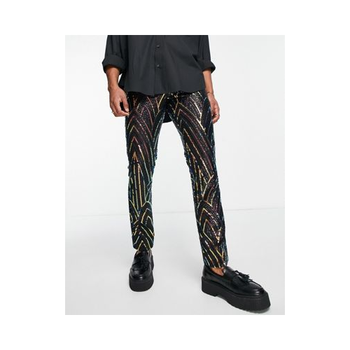 Черные брюки с радужным геометрическим узором из пайеток Twisted Tailor Разноцветный