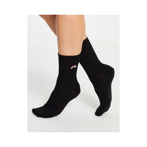 Черные носки до середины икры в рубчик с вышивкой в виде радуги ASOS DESIGN-Черный цвет