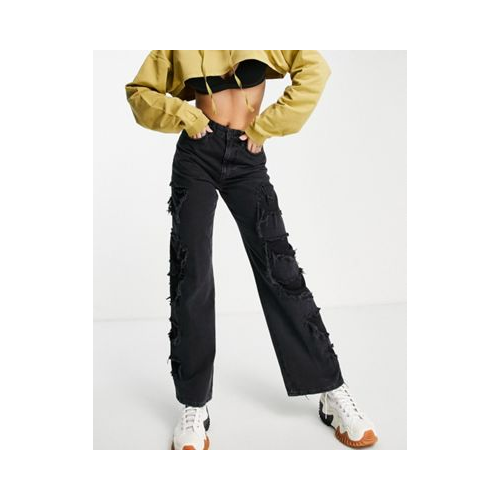 Черные прямые джинсы с вырезами и рваной отделкой Bershka-Черный цвет