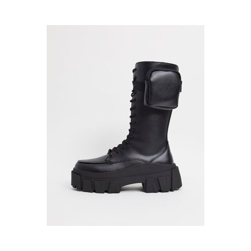 Черные высокие ботинки из искусственной кожи на массивной подошве со шнуровкой и карманами ASOS DESIGN