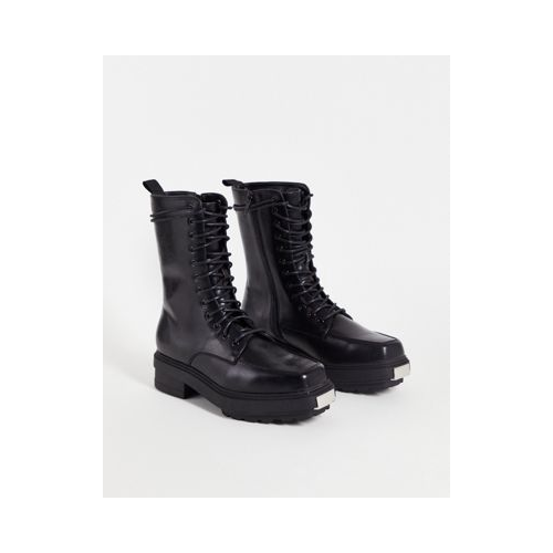 Черные высокие ботинки из искусственной кожи на шнуровке и массивной подошве с приподнятым квадратным носом ASOS DESIGN-Черный цвет