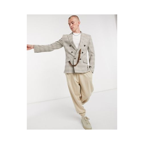Двубортный приталенный костюмный пиджак в бежевую клетку «Принц Уэльский» с черепаховой цепочкой ASOS DESIGN-Neutral
