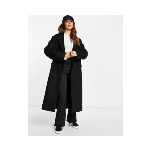 Длинное двубортное пальто черного цвета в клетку Topshop