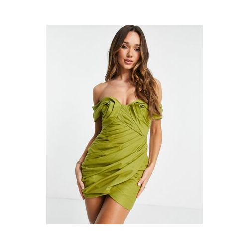 Драпированное платье мини светло-зеленого цвета с открытыми плечами ASOS DESIGN-Зеленый