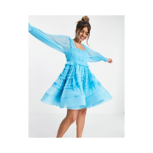 Эксклюзивное ярко-голубое платье мини из тюля с присборенной юбкой Lace & Beads