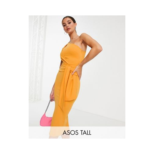 Горчичное платье миди на одно плечо с декоративным узлом сбоку ASOS DESIGN Tall-Оранжевый цвет