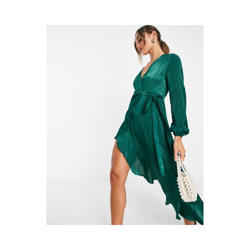 Изумрудно-зеленое атласное платье макси с длинными рукавами и запахом Flounce London-Зеленый цвет