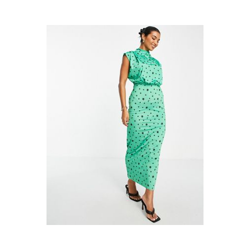 Изумрудно-зеленое платье макси без рукавов с драпировкой на горловине и принтом со звездами ASOS DESIGN-Зеленый цвет