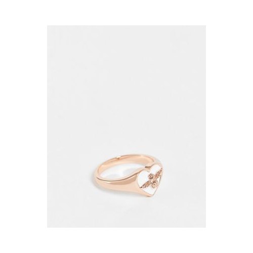 Кольцо-печатка цвета розового золота с отделкой в форме сердца белого цвета с жучком Olivia Burton