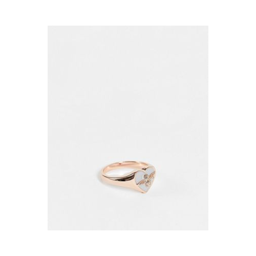 Кольцо-печатка цвета розового золота с серым сердечком с жуком Olivia Burton Love Bug
