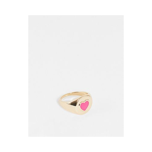 Кольцо-печатка золотистого и розового цвета с эмалью и дизайном сердца Topshop