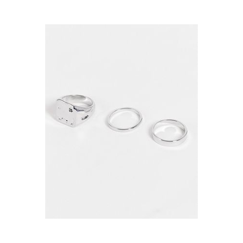 Комплект из 3 серебристых колец с разными дизайнами в виде печатки и широких гладких колец DesignB