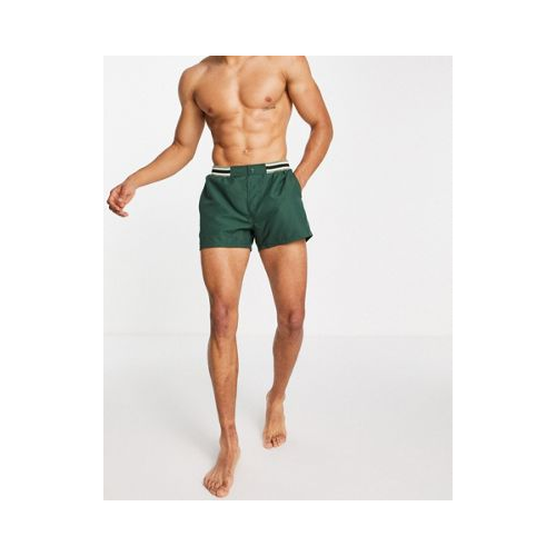 Короткие зеленые шорты для плавания в строгом стиле с контрастным поясом в рубчик ASOS DESIGN-Зеленый цвет