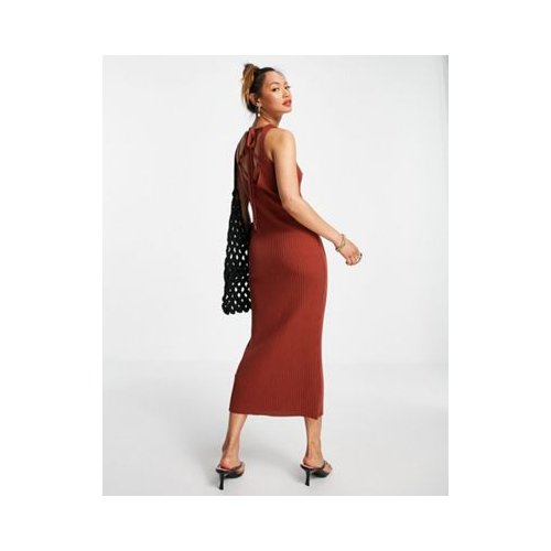 Коричневое трикотажное платье миди со шнуровкой на спине ASOS DESIGN-Коричневый цвет