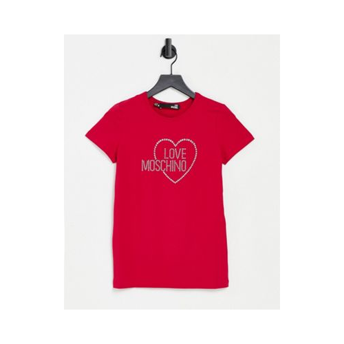 Красная футболка с логотипом и стразами Love Moschino-Розовый цвет