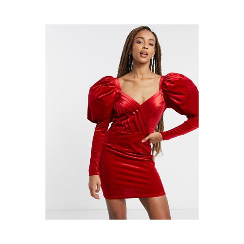 Красное бархатное платье мини с пышными длинными рукавами ASOS DESIGN premium Многоцветный
