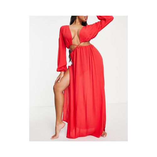 Красное пляжное платье макси с вырезами и решетчатой отделкой на талии из коллекции Fuller Bust ASOS DESIGN