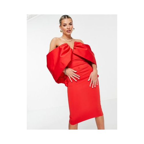 Красное платье-футляр миди с открытыми плечами, V-образным вырезом и драпировкой на рукавах ASOS DESIGN
