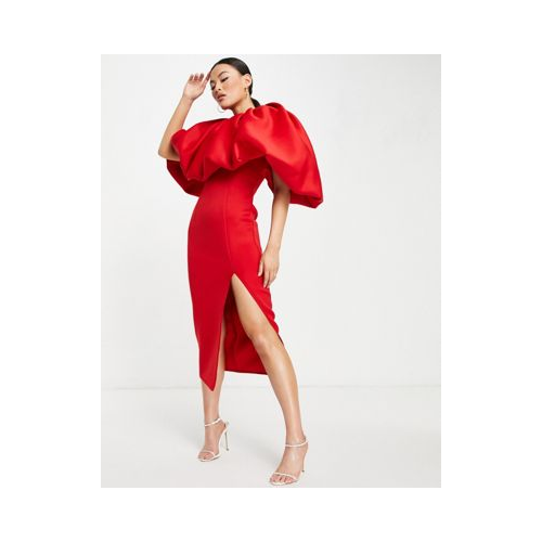 Красное платье-футляр миди с пышными рукавами и разрезом ASOS DESIGN