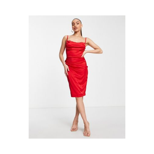 Красное платье миди со сборками, корсетной вставкой и свободным воротом Femme Luxe