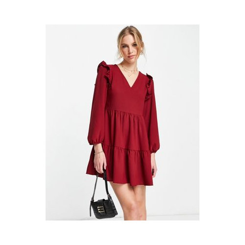 Красное платье мини с длинными рукавами и оборками на плечах Trendyol