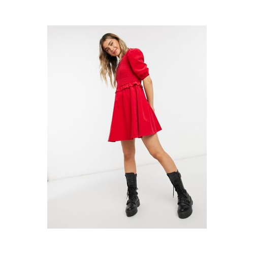 Красное вельветовое платье мини свободного кроя со сборками на лифе ASOS DESIGN