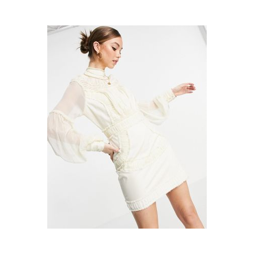 Кремовое присборенное платье мини с высоким воротом, пышными рукавами и необработанным краем ASOS DESIGN Белый