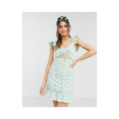 Летнее платье мини мятного цвета на бретелях с оборками, вышивкой ришелье и декоративным вырезом ASOS DESIGN-Зеленый