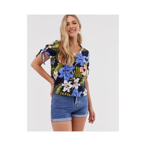 Льняная блузка с тропическим принтом и пуговицами Vero Moda Темно-синий