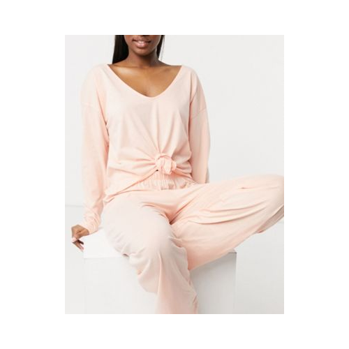 Персиковый трикотажный топ от пижамы с длинными рукавами и узлом ASOS DESIGN-Розовый цвет