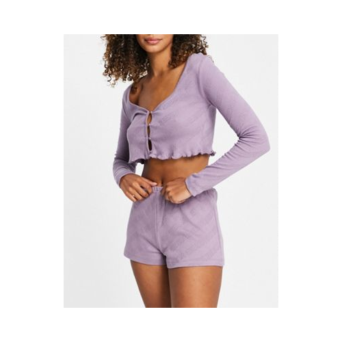 Пижамный комплект из топа на пуговицах с длинными рукавами и ажурной отделкой и шорт сиреневого цвета ASOS DESIGN Siesta-Фиолетовый