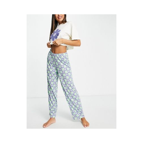 Пижамный комплект из укороченной майки и брюк с принтом цветов с символом «инь и ян» белого, голубого и зеленого цветов ASOS DESIGN Разноцветный