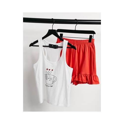 Пижамный комплект из белой майки с принтом чашки и надписью "Рositivi-tea" и красных шортов с рюшами Heartbreak Многоцветный