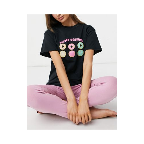 Пижамный комплект из футболки и брюк черно-розового цвета с принтом пончиков и надписью "Sweet Dreams" Heartbreak Многоцветный