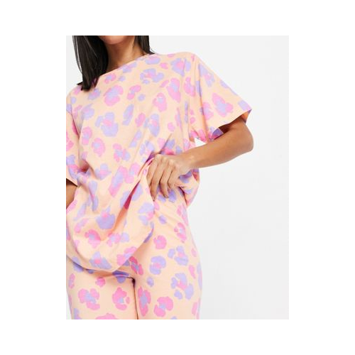 Пижамный комплект из футболки и леггинсов в стиле oversized персикового цвета с леопардовым принтом ASOS DESIGN Многоцветный