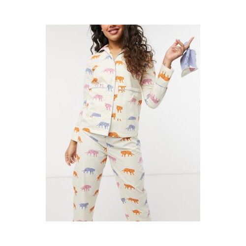 Пижамный комплект из рубашки с длинным рукавом, штанов и маски для глаз с принтом в виде тигров Daisy Street Многоцветный