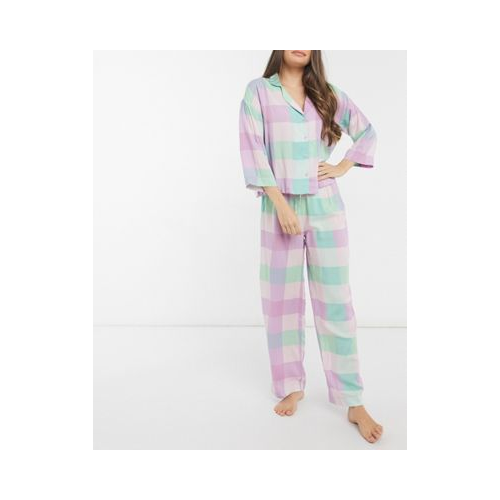 Пижамный комплект из рубашки с длинными рукавами и брюк из модала в разноцветную клетку ASOS DESIGN Многоцветный