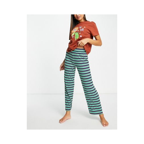 Пижамный комплект из рыжей футболки с принтом лягушки и брюк в рубчик и в голубую и зеленую полоску ASOS DESIGN Разноцветный