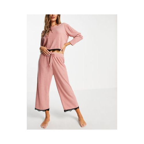 Пижама из укороченного кружевного топа в рубчик и кюлотов Miss Selfridge-Розовый цвет
