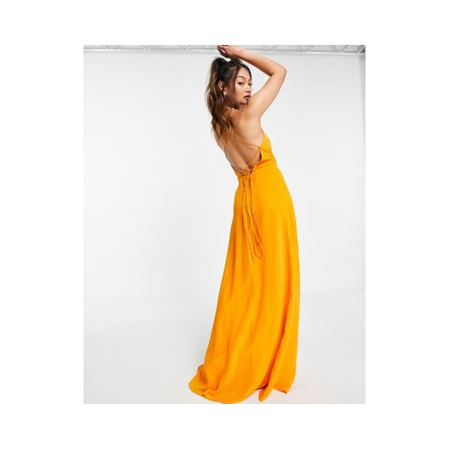 Платье макси на тонких бретельках с запахом и шнуровкой сзади ASOS DESIGN-Оранжевый цвет