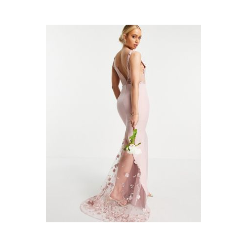 Платье макси нежно-розового цвета с кружевным вставками с объемным цветочным узором Jarlo-Розовый
