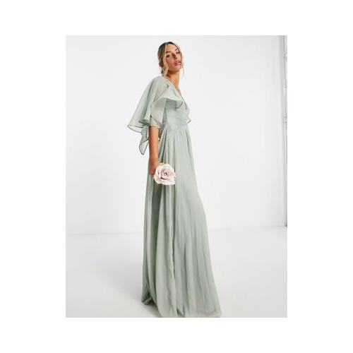 Платье макси оливкового цвета со сборками на лифе, драпировкой, расклешенными рукавами и запахом на талии ASOS DESIGN Bridesmaid-Зеленый