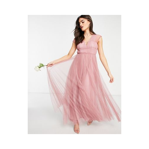 Платье макси розового цвета из тюля с глубоким вырезом и присборенными рукавами ASOS DESIGN-Розовый