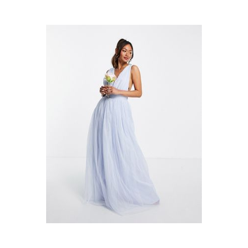 Платье макси с глубоким вырезом и бантом сзади из тюля пудрового голубого цвета ASOS DESIGN