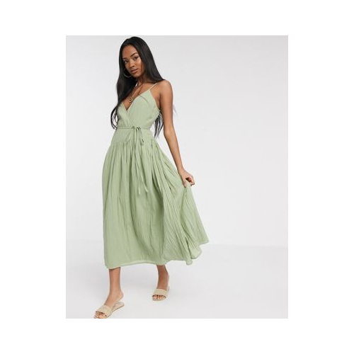 Платье макси цвета хаки с запахом и завязкой ASOS DESIGN-Зеленый