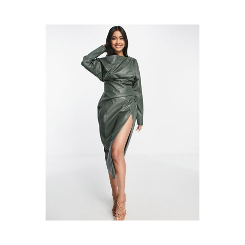 Платье миди хвойно-зеленого цвета с открытыми плечами и складками на лифе ASOS DESIGN-Зеленый