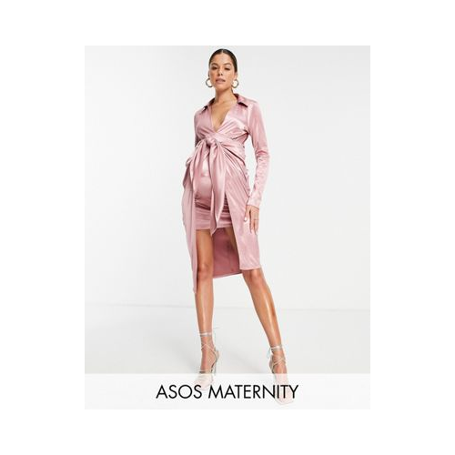 Платье миди приглушенного розового цвета с запахом, воротником и длинными рукавами ASOS DESIGN Maternity Разноцветный