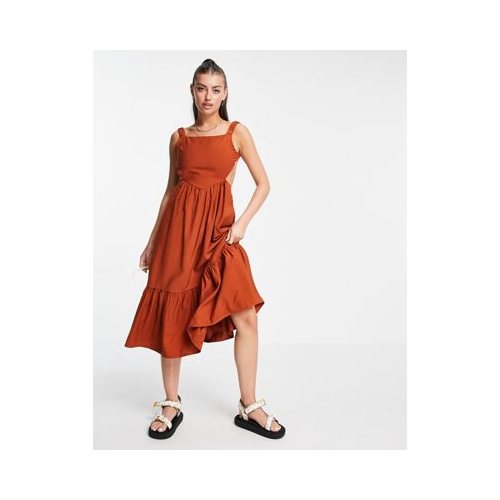 Платье миди с открытой спиной, присборенной юбкой и оборками Fashion Union-Коричневый цвет