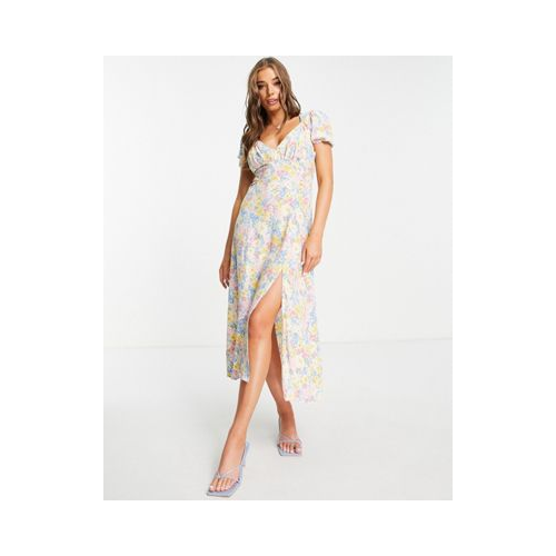 Платье миди с пастельным цветочным принтом и разрезом Topshop Многоцветный