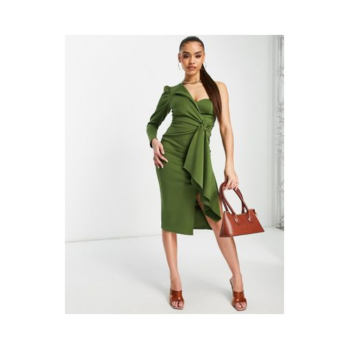 Платье миди цвета хаки на одно плечо с длинным рукавом и завязкой спереди ASOS DESIGN-Зеленый